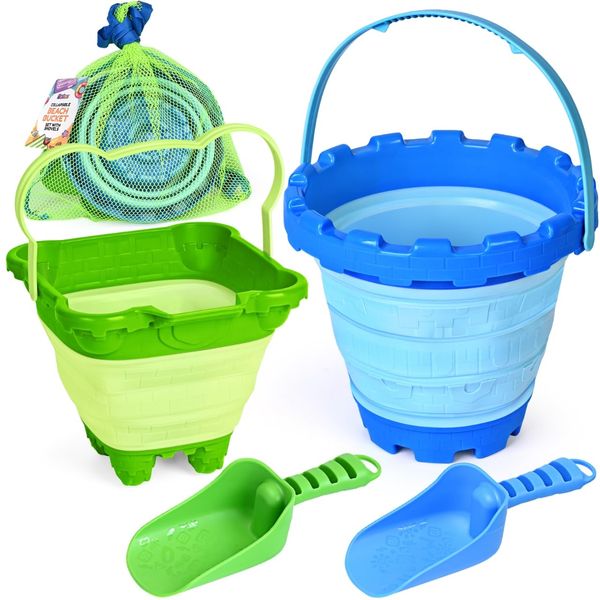 Madzee Collapsible Foldable Beach Sand Buckets and Shovels Set - Beach Toys for Kids with Mesh Bag (2 Buckets & 2 Shovels)