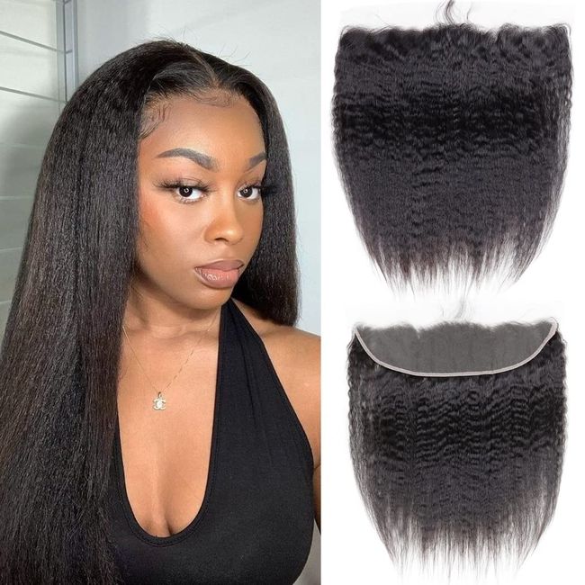 Odir 13x4 Lace Closure Frontal 180% Density Kinky Straight Brazilian Human Hair 16 Inch Unprocessed 9A Yaki Straight Virgin Hair 13x4 Ear to Ear Lace Frontal with Baby Hair Natural Color