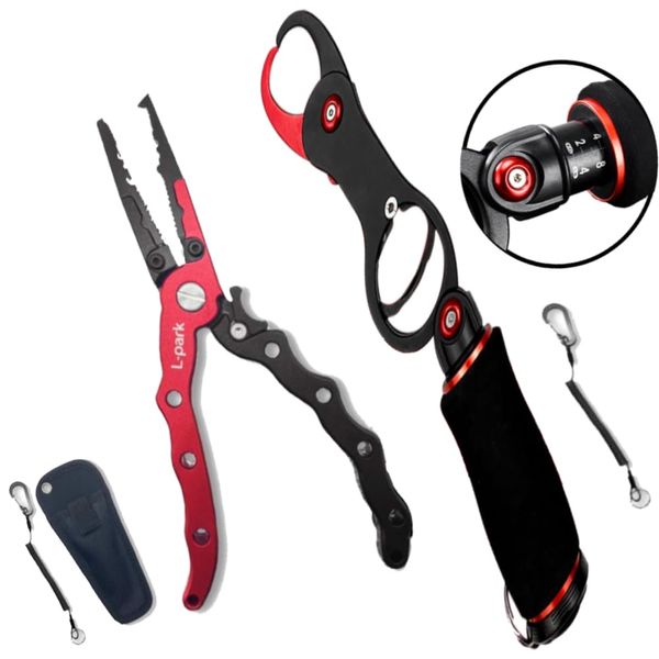 L-park Fish Grip with Measuring Function Fishing Pliers Set with Lock Fishing Tackle Accessories (Red Black)