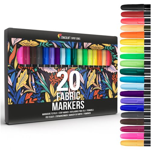 Zenacolor 20 Fabric Markers Pens Set - Indelible and Permanent Fabric Paint Fine Point Textile Marker Pen