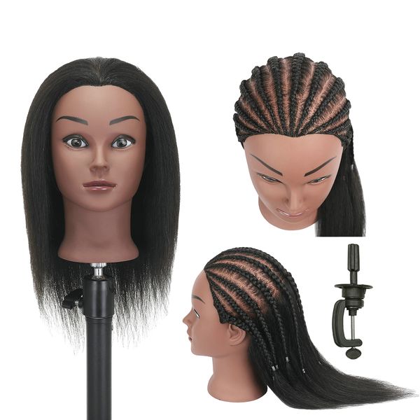 YANGANG Real 100% Human Hair Mannequin Head Hairdresser Practice Training Manikin Cosmetology Doll Head with Stand Clamp Holder