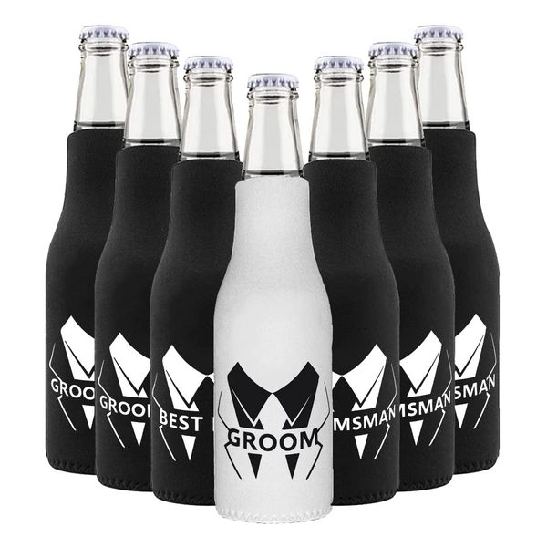 LADY & HOME Set of 7 Stag Party Beer Can Cooler Sleeves - Groom and Groomsman Can Cooler - Collapsible Koozies for Bachelor Party (A21022BK-B-P)