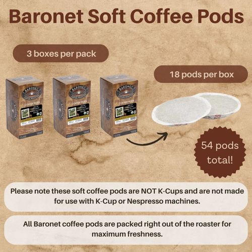 Baronet Coffee Pods [DECAF Organic Small Village-54 Pods] Single Cup Use, Like Senseo Coffee Pods [3 Boxes of 18 Single Serve 10 Gram Pads] Reg Strength Soft Coffee Pods, Med Roast [Decaf Org Sml Vil]