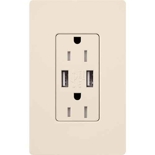 Lutron Claro 15 Amp USB Duplex Outlet | CAR-15-UBTR-LA | Light Almond