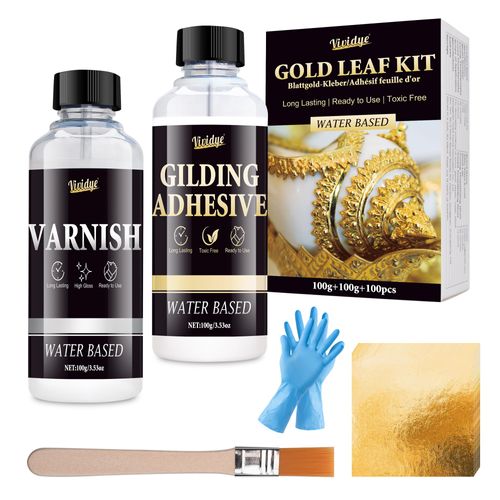 Gold Leaf Gilding Adhesive Set - 100ml Metal Leaf Glue & 100ml Protective Varnish, Gold Foil Sheets 100pcs, Fast Dry Gold Leaf Kit for Art, Crafts, Furniture and Painting, Non Toxic, Long-Lasting