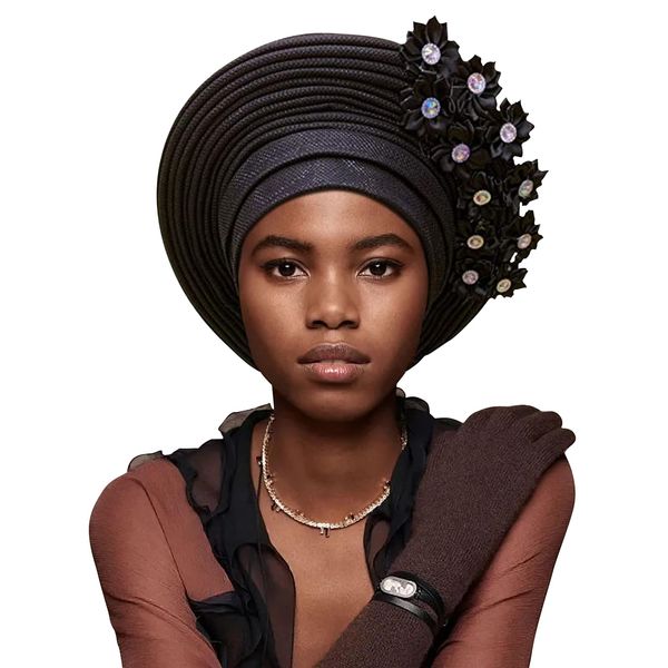 ASO OKE Exquisite African Turbans, Hats, and Nigerian Gele Headties Stylish African Head Wraps and Auto Gele Head Ties (Black, One size)