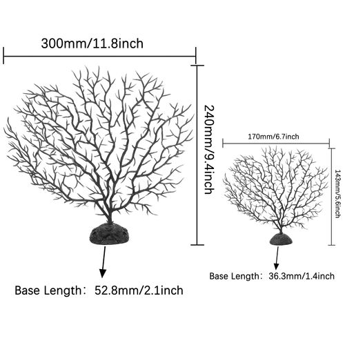 Piutouyar 2Pcs Sea Fan Coral Decorations, Black Simulation Sea Coral Branch for Aquarium Ornament Fish Tank Landscape (11.8inch+6.7inch)