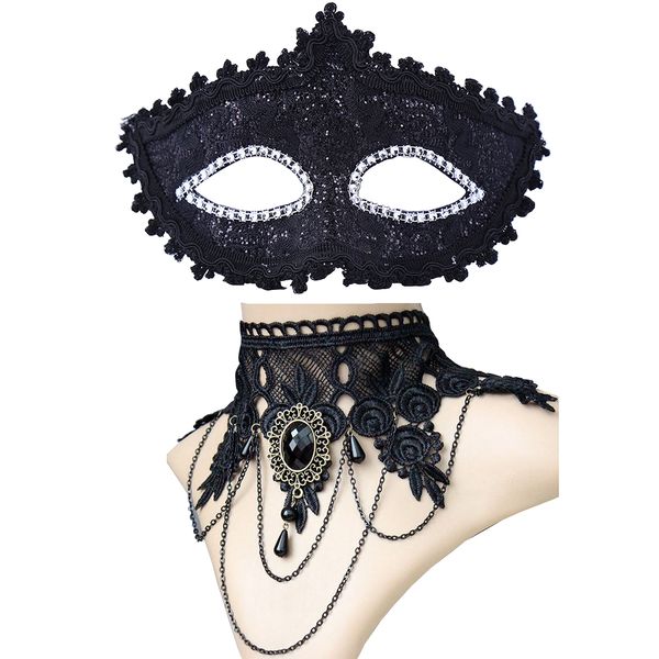 Black Venetian Mask Masquerade Mask with Elegant Vintage Princess Lace Gothic Necklace Pack of 2