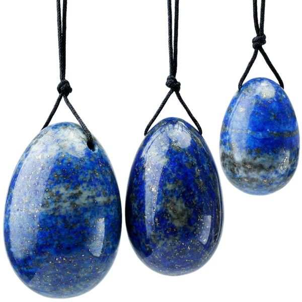 KYEYGWO 3 Pcs Handmade Reiki Healing Stone Drilled Yoni Egg with Unwaxed Cord, Polished Gemstone Massage Stone for Women Pelvic Muscles Exercise, Lazuli Lapis