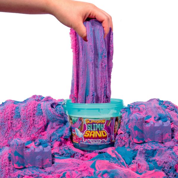 SLIMYSAND by Horizon Group USA, 1.5lbs. of Moldable, Stretchable, Expandable Play Sand, Neon Pink & Blue Cotton Candy Scented, Slimy Play Sand in Reusable Bucket, Non Stick, A Sensory Activity