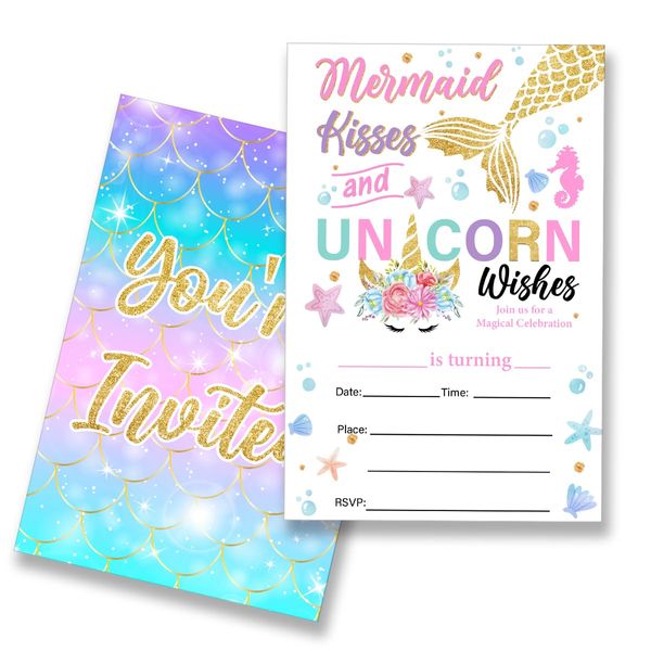 EUDOSI Unicorn Mermaid Birthday Party Invitations Supplies Fill-In Set of 20 with Envelopes Kisses and Unicorn Wishes Birthday Bash Invites Cards, Double Sided