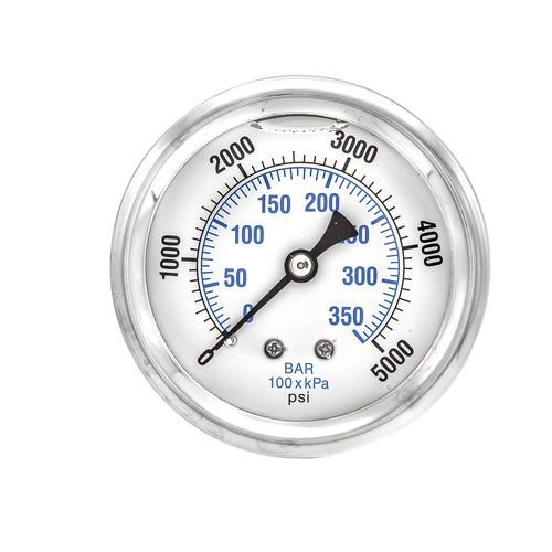 PIC Gauges PRO-202L-254R Center Back Mount Glycerin Filled Industrial Pressure Gauge w/ SS Case, Brass Internals, Plastic Lens, 2.5" Dial, 0/5000 psi Range, 1/4" Male NPT