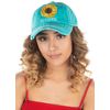Funky Junque Womens Baseball Cap Distressed Vintage Unconstructed Embroidered Patch Hat (Blessed w/Sunflower - Turquoise)