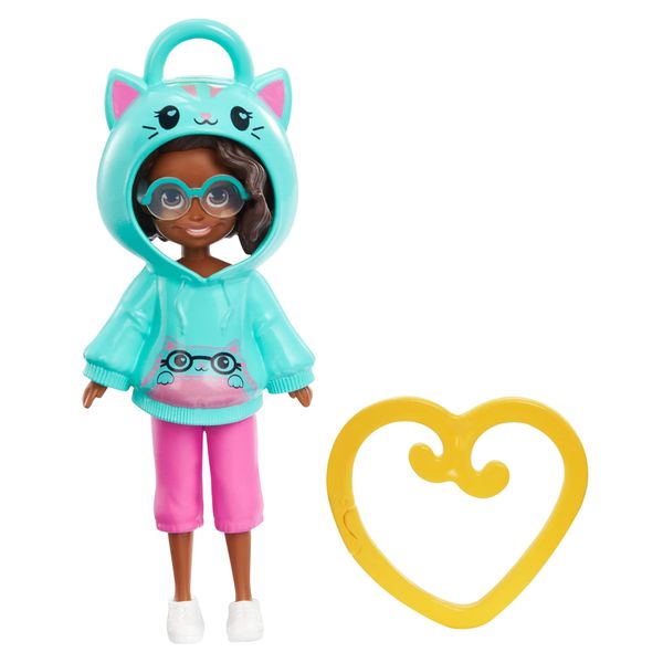 Polly Pocket Friend Clips Shani Doll with Cat Hoodie and Yellow Heart Shaped Clip, Gift for Kids Ages 4+