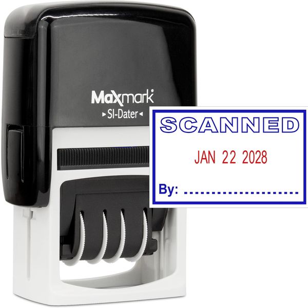 MaxMark Office Self Inking Date Stamp with Phrase Scanned - 2 Color Blue/Red Ink