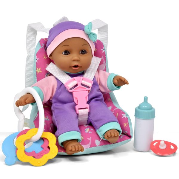 Baby Doll Car Seat with Toy Accessories, Includes 10 Inch Soft Body Baby Doll, Booster Seat Carrier, Rattle Toy, Bib and Bottle, A Travel Gift Set for Toddlers Infants Girls and Boys