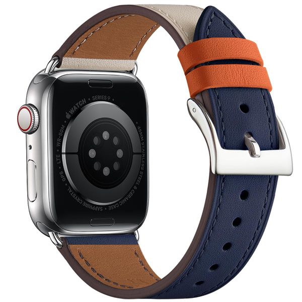 WFEAGL Watch Band Compatible w/ Apple Watch, Genuine Leather, for iWatch SE, Series Ultra/8/7/6/5/4/3/2/1, Sport Edition Band, 1.5/1.6/1.6 inches (38/40/41 mm), Dark Blue + Ivory w/Silver Buckle