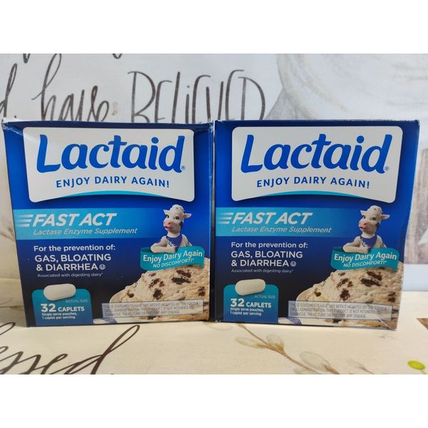 Lactaid. Fast Act 32 Caplets Lactase Enzyme Supplement (2 Pack) Exp 04/2027