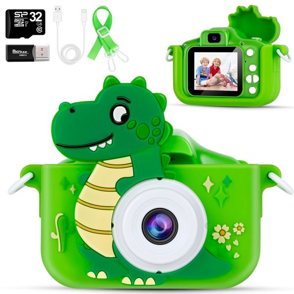 Kids Camera, AWANKOU Kids Selfie Camera for Girls Christmas Birthday Gift, 1080P Digital Camera Toddler Camera Toys with Soft Silicone Case, 32GB Video Camera for Kids 3-12Year Old (Dinosaur Camera)