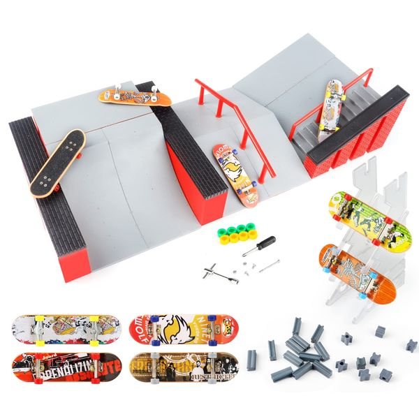 MOMSIV Mini Finger Skateboard, Funny Skatepark Board with Ramp Accessories for Children (B)