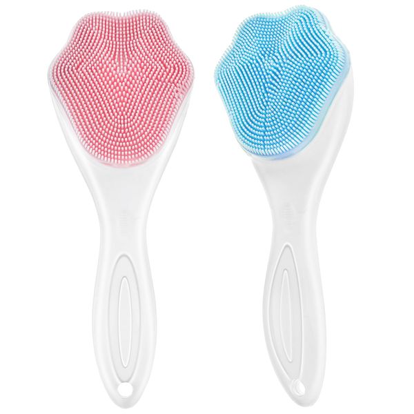 COMNICO 2 Pack Silicone Face Scrubber Facial Cleansing Brush Soft Bristles Face Wash Brush Waterproof Manual Handheld Exfoliating Massager Deep Cleaning Face Skincare (Blue, Pink)