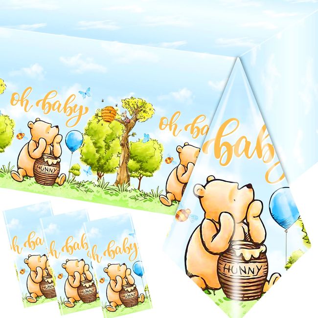 Gupesxu Baby Shower Decoration-3pcs Bear Oh Baby Baby Shower Tablecloth,Blue Bear We Can Bearly Wait Table Covers for Boy Baby Shower Gender Reveal Tablecloth Party Supplies