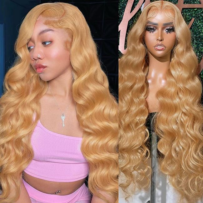 OWNFUN Honey Blonde Lace Front Wigs Human Hair, 13x4 Body Wave Honey Blonde Wigs with Baby Hair,HD Glueless Wigs Human Hair Pre Plucked for Women 200% Density #27 Colored Frontal Wigs Human Hair 26 In