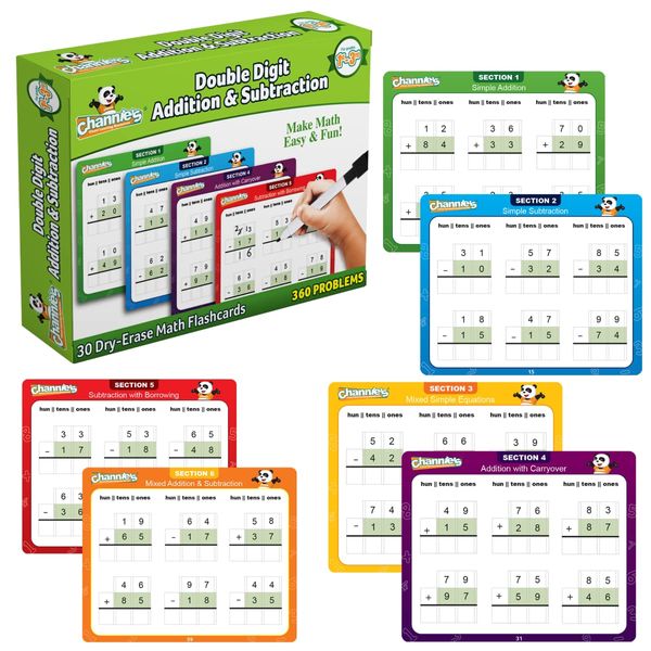 Channie’s Double Digit Addition and Subtraction Flash Cards, 30 Dry Erase Educational Math Flash Cards for Kids, Ideal for 1st to 3rd Grade, Level 2 Color-Coded Cards, 360 Two-Digit Problems