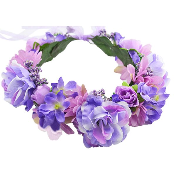 Vivivalue Rose Flower Crown Boho Flower Headband Hair Wreath Floral Headpiece Halo with Ribbon Wedding Party Festival Photos Purple