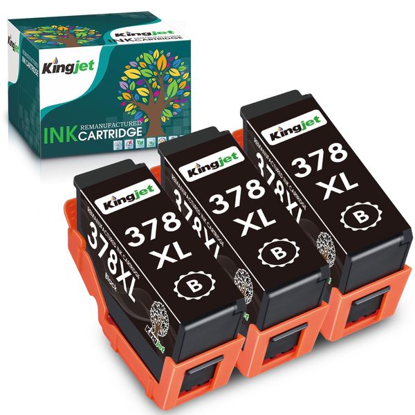 KINGJET 378XL Ink Cartridges Remanufactured for Epson 378 378XL Ink Cartridges Multipack for Epson Expression Photo XP-8700 XP-8600 XP-8500 XP-8505 XP-8605 XP-8000 XP-8005 printer (3 Black)