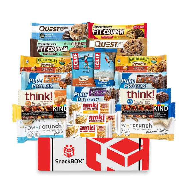 SnackBOX Healthy Protein Bars Fitness Snacks BOX Care Package (20 Count) Back To School College Variety Pack Energy Basket Gift Baskets Athletes Weightlifters Marathon Training College Runners Guys Girls Adults Kids Grandkids Men Women Food Sampler Studen