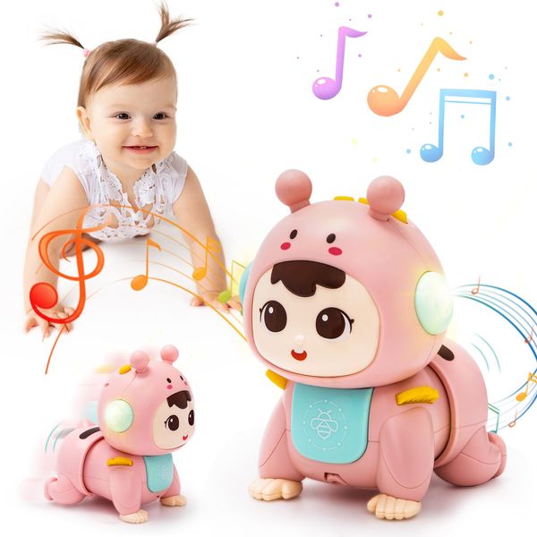 Highttoy Baby Spielzeug 3 6 9 Monate, Krabbelnde Baby Spielzeug mit Licht und Musik Bauchlage Spielzeug Baby Sensorisches Musikspielzeug Tummy Time Toys Baby Mädchen Geschenk Rosa