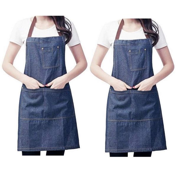 JZK Denim Apron, 2 Pack Unisex Adjustable Apron with 4 Pockets for Cooking BBQ Grill Cafe Waiter Bartender Chef, One Size, Blue