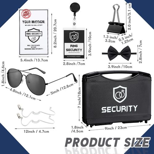 Mepase 7 Pcs Ring Wedding Security Set Include Ring Bearer Box ID Badge Holder Ring Bearer Sunglass Acoustic Earpiece Tube Mission Card with Binder Clip Bow Tie for Kids (Classic Style)