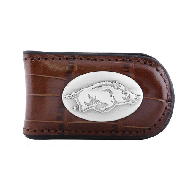 NCAA Arkansas Razorbacks Zep-Pro Crocodile Leather Magnet Concho Money Clip, Tan