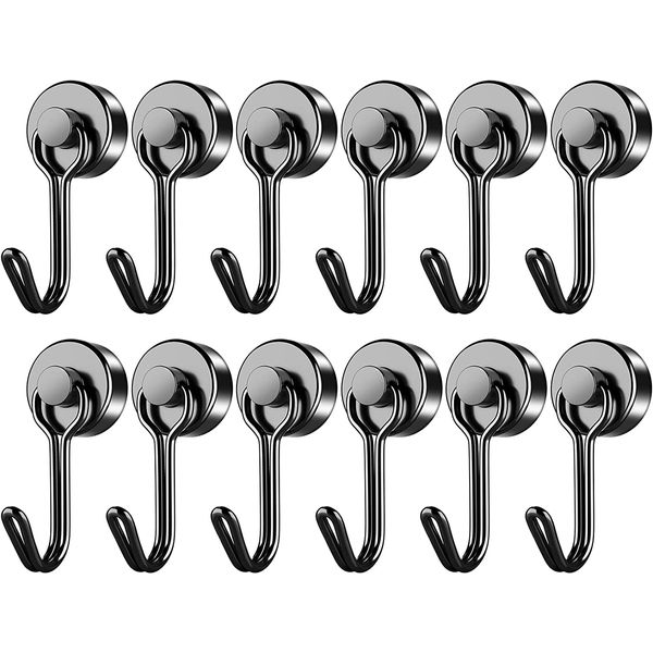 FINDMAG Magnetic Hooks, 12 Pack 40 LBS Swivel Swing Neodymium Magnet Hooks, Black Magnetic Hooks for Fridge, Magnet with Hooks Strong Magnet Hooks for Hanging, Camping, Kitchen, Ceiling, Workplace