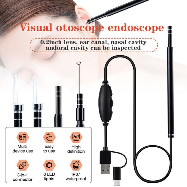 HD Ear Endoscope Otoscope LED Camera Tool Cleaning Wax Pick Cleaner Removal Kit