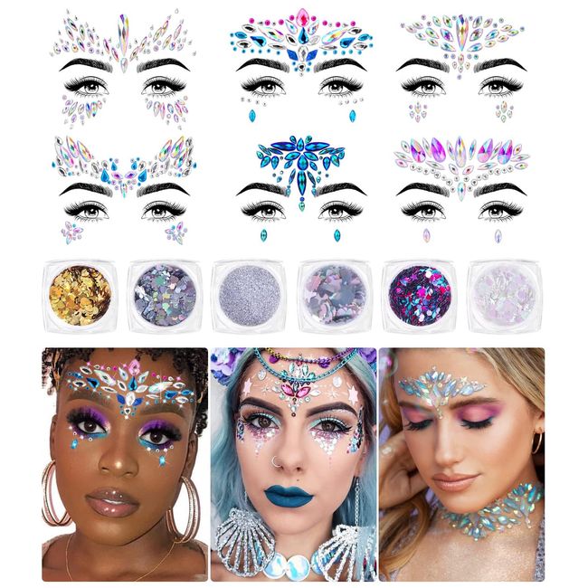 iMethod Face Jewels and Body Glitter - Face Gems, Mermaid Face Jewels Stick On, Holographic Cosmetic Face Glitter, for Festival Holiday Costumes & Halloween Alien Makeup, 12 Pcs