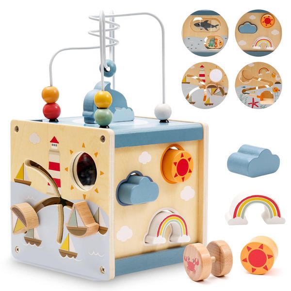 Zaxiva Motorikwürfel ab 1 Jahr, Montessori Spielzeug aus Holz, 6 in 1 Activity Würfel Baby, geeignet als kreatives Motorikspielzeug für Kinder, Holzspielzeug Geschenk für Jungen und Mädchen