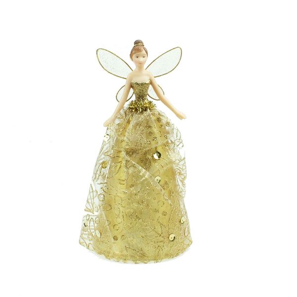 Medium Gold Angel Christmas Tree Topper with Patterned Skirt (18cm)
