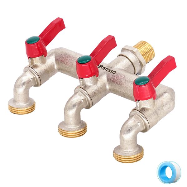 iBamso 1/2'' Inch Brass 3-Way Water Tap, Tap and Splitter 2 in 1,1/2 Inch Inlet and Three 3/4 Inch Outlet Hose Splitter Connector, 3 Way Tap Connector with On/Off Valves Tap Adapter