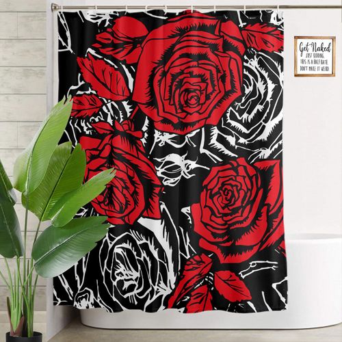 Olikked Watercolor Rose Bathroom Shower Curtain Black White Red Floral Pattern Shower Curtain Set 72x72 Inch Waterproof Fabric Machine Washable