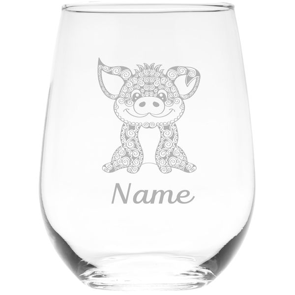 Pig with name 17 oz. stemless wine glass