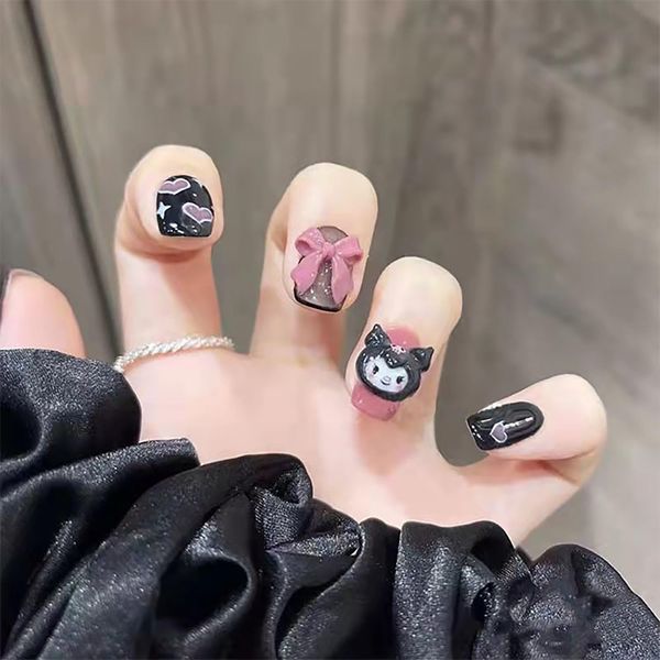 Cute Press on Nails Square Short Length 24Pcs Glossy Full Cover Artificial Black Fake Nails with Heart Bow Designs Acrylic False Nails Glue on Nails Square Stick on Fingernails for Women Girls