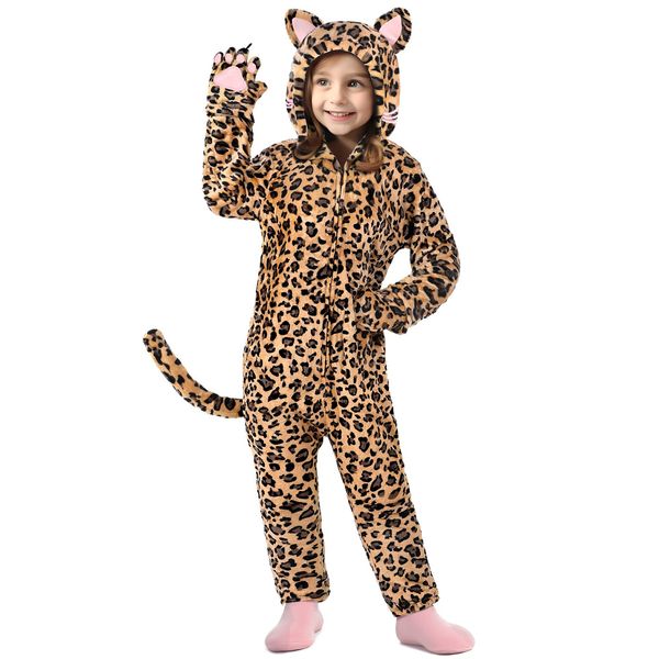 GIFTINBOX Leopard Costume Kids, Zip-Up Hooded Onesie Girls Costume, Cat Costume for Girls Dress Up, Halloween Animal Costumes for Kids 5 6 7 8 9 10