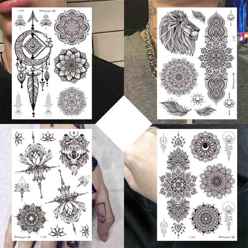 Inateannal 4 Sheets Black Lace Tattoo Stickers for Bridal Wedding Vintage Floral Hand Back Fake Tattoo Body Transfers Temporary Tattoo Stickers for Women Girls