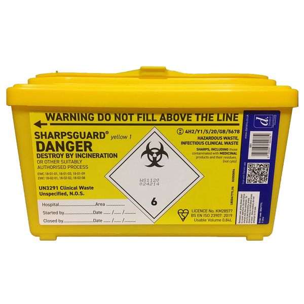 1l Sharpsafe Medical Sharps Bin - Disposable Syringe/Needle Biohazard Tub**G