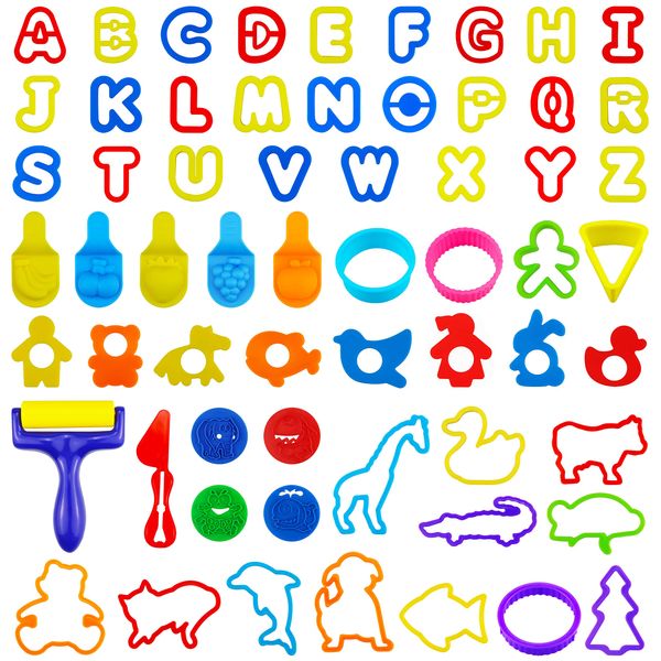 FRIMOONY Plastic Dough Tools for Kids, with Capital Letters, Cookie Cutters, Stamps, Multi-Color, 61 Pieces