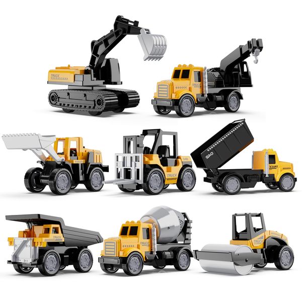 HONGTUO Alloy Mini Construction Vehicles，8Pcs Die-cast Construction car Toys Set，Excavators Mixer Truck Bulldozers Forklift Dump Truck Cranes Toys, Pull Back Car Toys for Toddlers Kids Boys & Girls