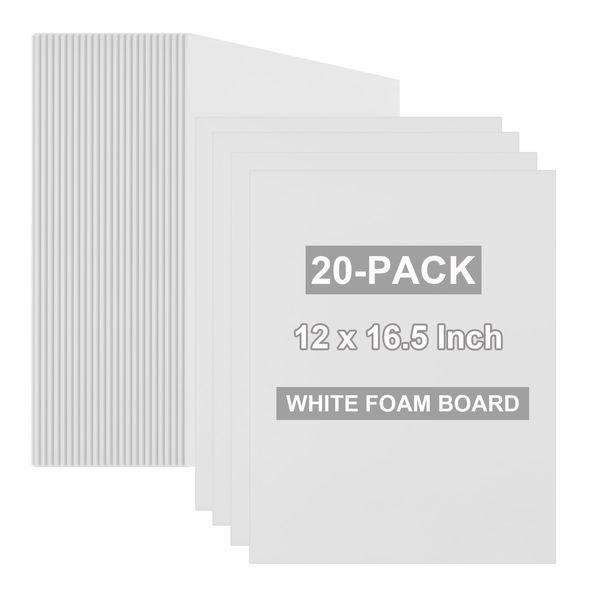 20 Pack White Foam Boards 12" x 16.5", Foam Core Board Mat Foam Board Center, 3/16" Thickness Polystyrene Foam Sheets Perfect for Arts, Crafts, School Projects